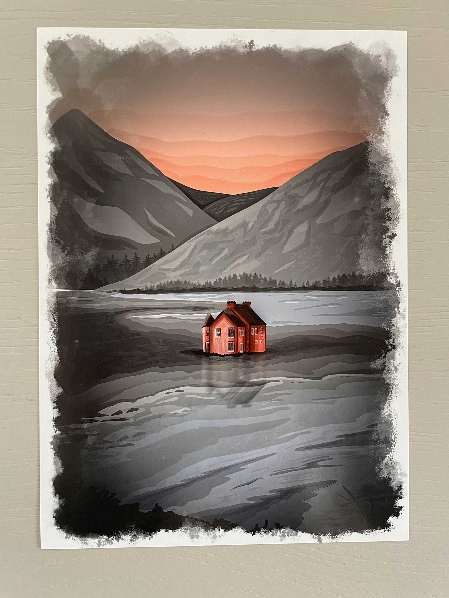Pink House Loch Glass Landscape | Poster Decor Wall Art Print | A2 A3 A4