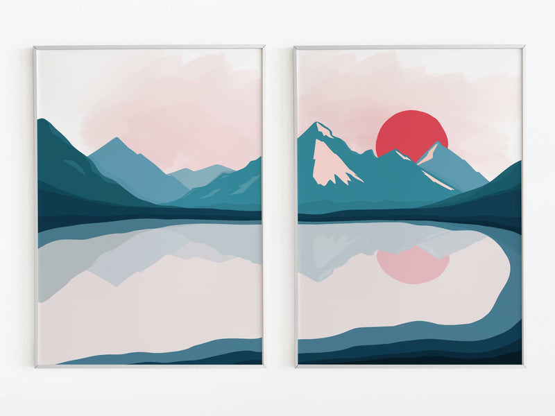 Set of Two Japanese Landscape Mid Century Boho Wall Art Poster Prints | Poster Decor Wall Art Print | A2 A3 A4