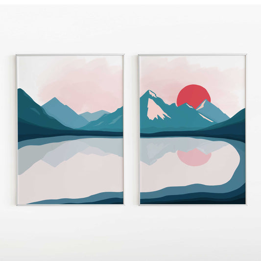 Set of Two Japanese Landscape Mid Century Boho Wall Art Poster Prints | Poster Decor Wall Art Print | A2 A3 A4