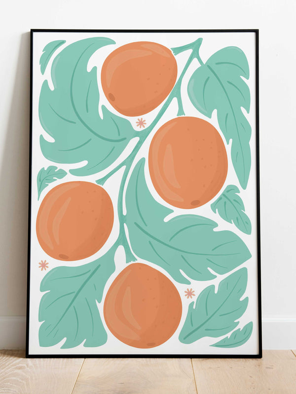 Oranges Leafy Retro Abstract Summer Fruit Print | Wavy Botanical | Modern Fruity Decor Gallery | Poster Fashion Wall Art | A2 A3 A4